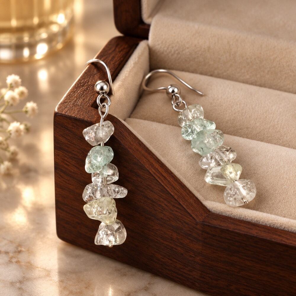 Vintage Silver Raw Clear Quartz Crystal Chip Stack Dangle Earrings